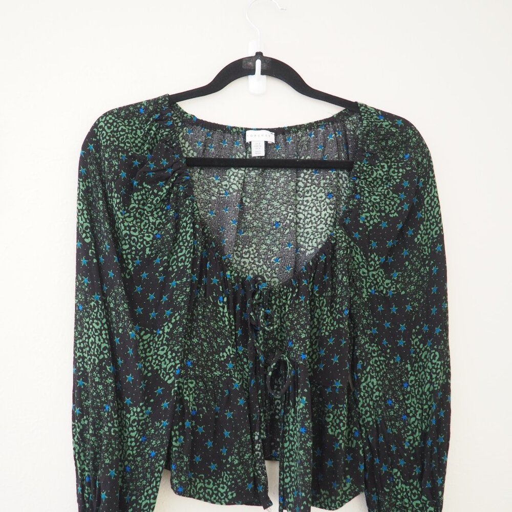 !! Topshop Green Mix Print Tie-Front Long Sleeve Top sz US 4 - Picture 6 of 10
